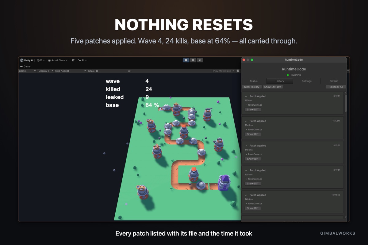 RuntimeCode patching a running tower defence